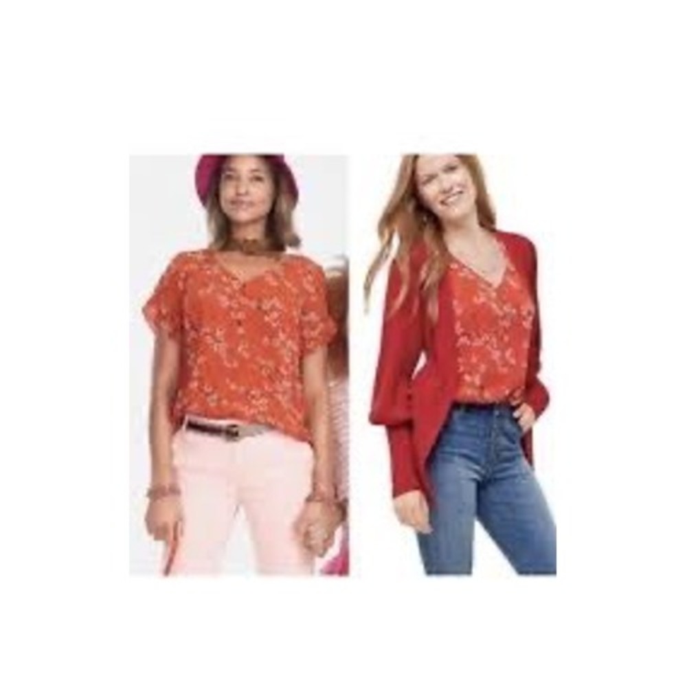 Cabi Cherry Blossom V-Neck Blouse‎ Orange Floral Flutter Sleeve Top 5712